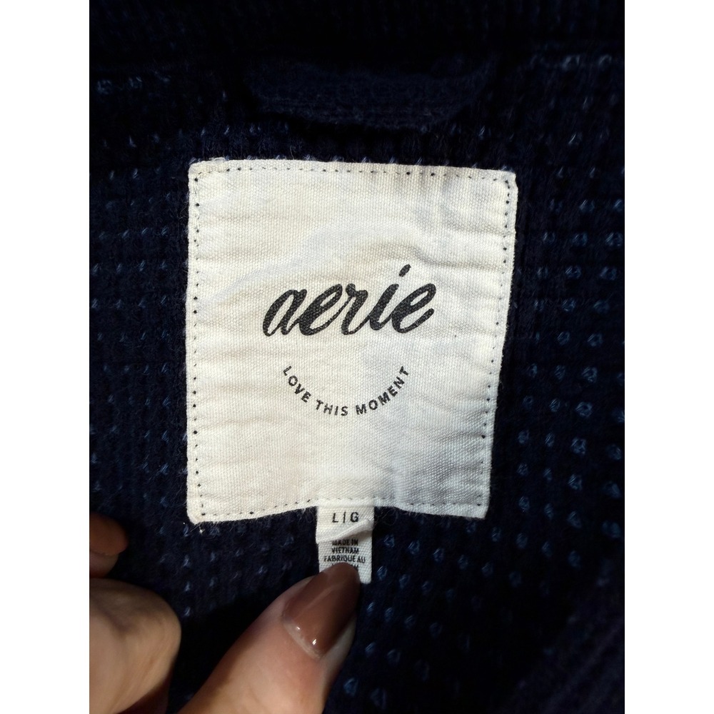 Aerie Women Real Good Navy Striped Waffle Knit Oversized Shacket Button Down - Picture 8 of 10